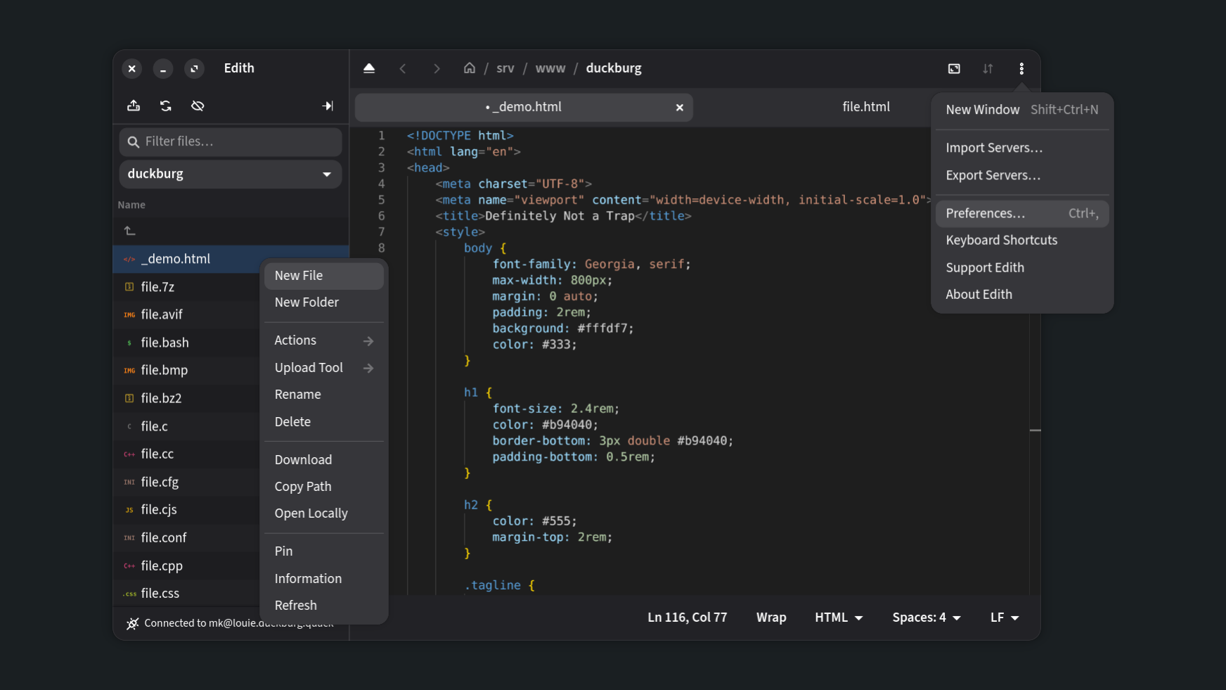 A remote file open in Edith's editor with syntax highlighting.