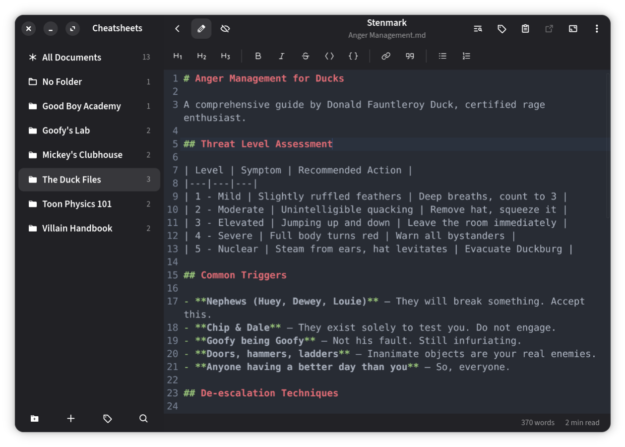 Stenmark's Markdown editor with line numbers and syntax highlighting, in the dark theme.