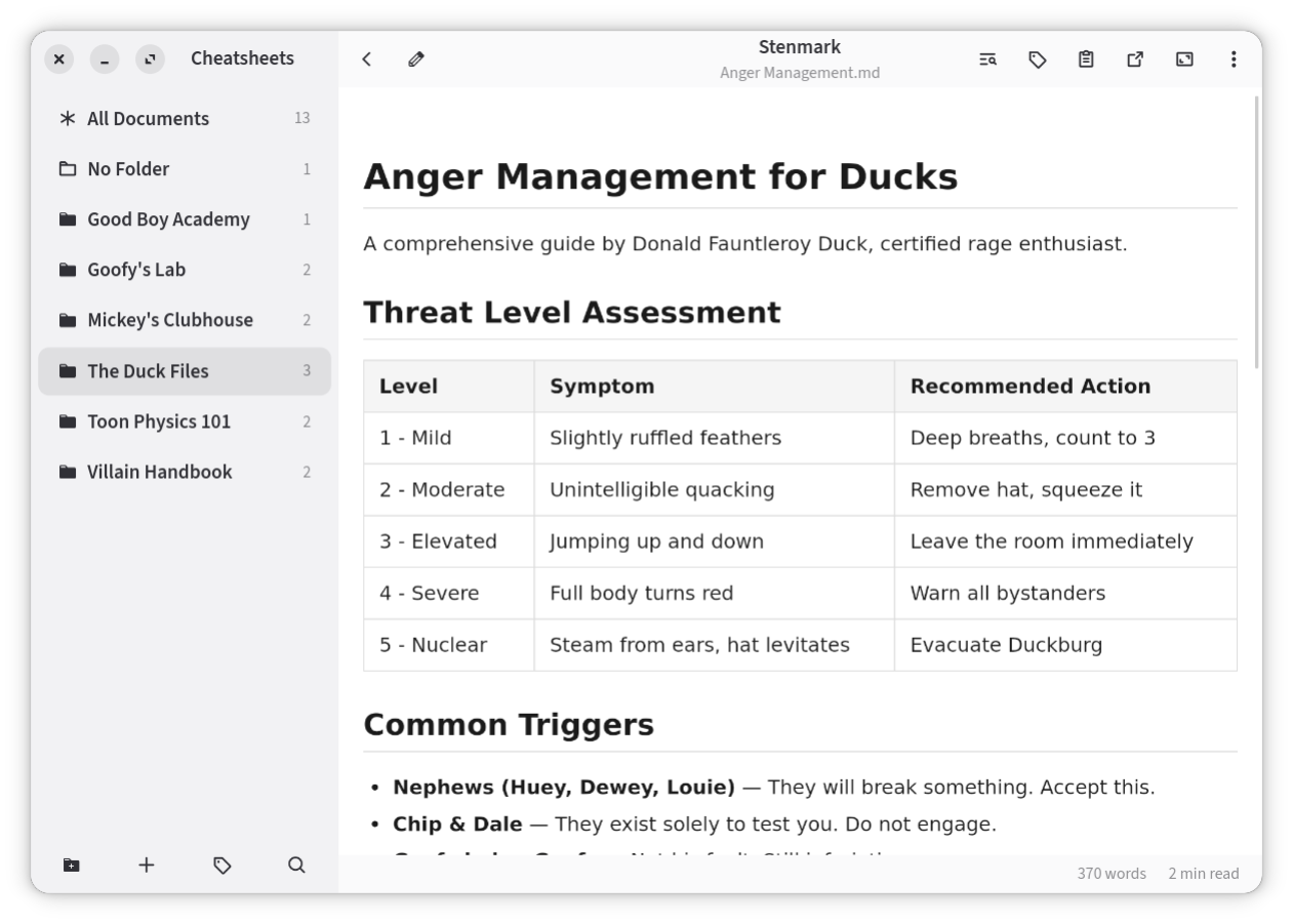 Stenmark showing a rendered Markdown document beside a folder sidebar.
